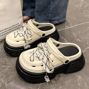 White Slides Sandals Slippers Shoes Clogs With Shoelace, Woman Size 7.5 - 8.5